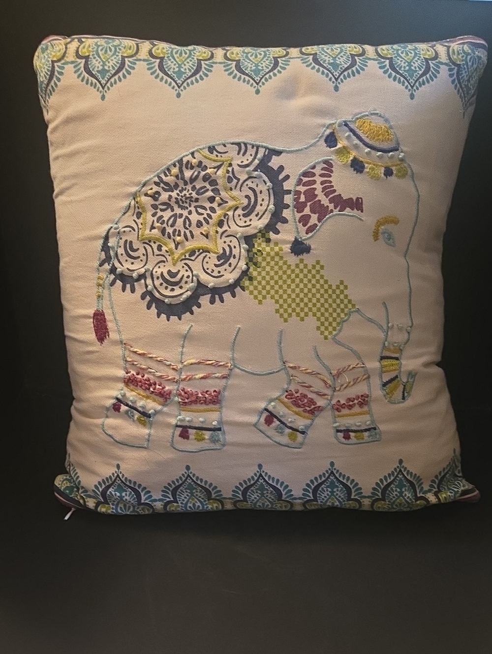 Anthology Embroidered Elephant Decorative Throw Pillow in Cream and Multicolor